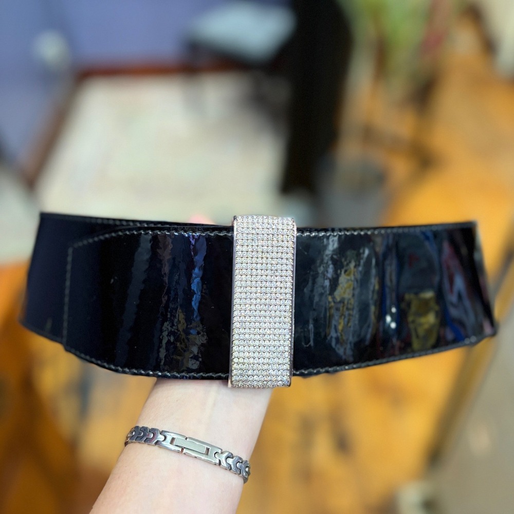 Valentino Black Patent Leather Wide Waist Belt Crystal Buckle Italy Vintage - Picture 5 of 11